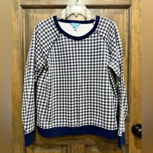 Draper James Dark Blue and White Checkered Natalie Crewneck Sweatshirt.